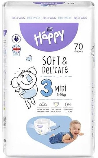 Pieluchy dziecięce 5-9 kg, rozmiar 3 Midi, 70 szt . - Bella Baby Happy Soft & Delicate — Zdjęcie N1