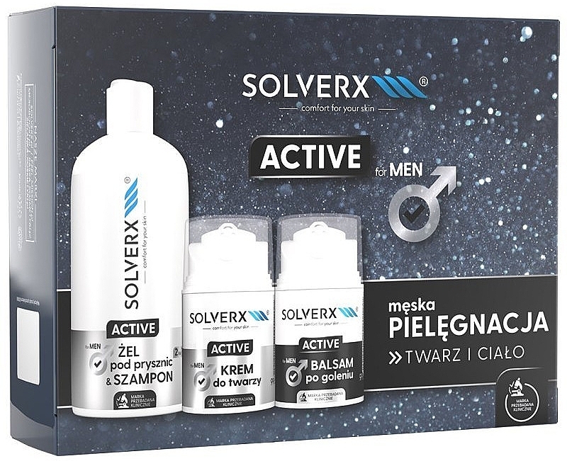 Zestaw - Solverx Men Active (ash/balm/50 ml + f/cr/50 ml + sh/gel/400 ml) — Zdjęcie N1