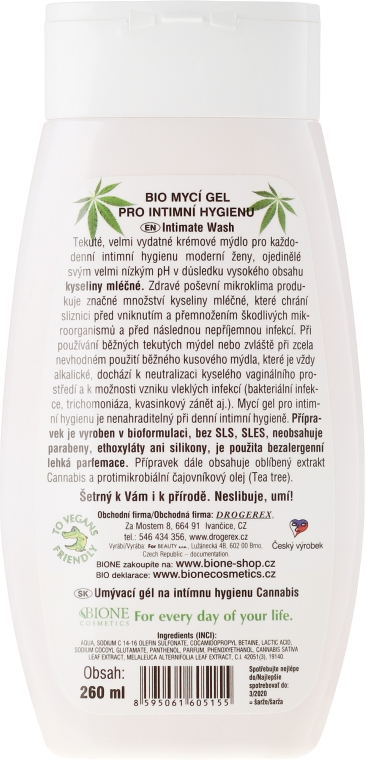 Żel do higieny intymnej z olejem konopnym - Bione Cosmetics Cannabis Intimate Lactic Acid And Tea Tree Wash Gel — Zdjęcie N2