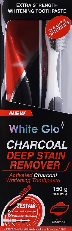 Zestaw z czarno-białą szczoteczką - White Glo Charcoal Deep Stain Remover Toothpaste (toothpaste/150ml + toothbrush) — Zdjęcie N1