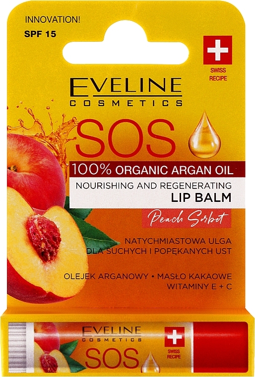 Odżywczy i regenerujący balsam do ust Brzoskwinia - Eveline Cosmetics Argan Oil Sos Peach Sorbet — Zdjęcie N2