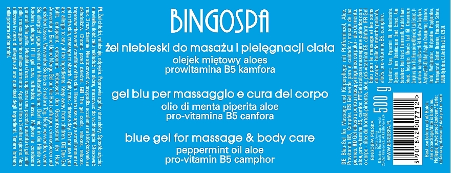 Żel niebieski do masażu Olejek miętowy, aloes, prowitamina B5 i kamfora - BingoSpa Bingo Gel Blue — Zdjęcie N2