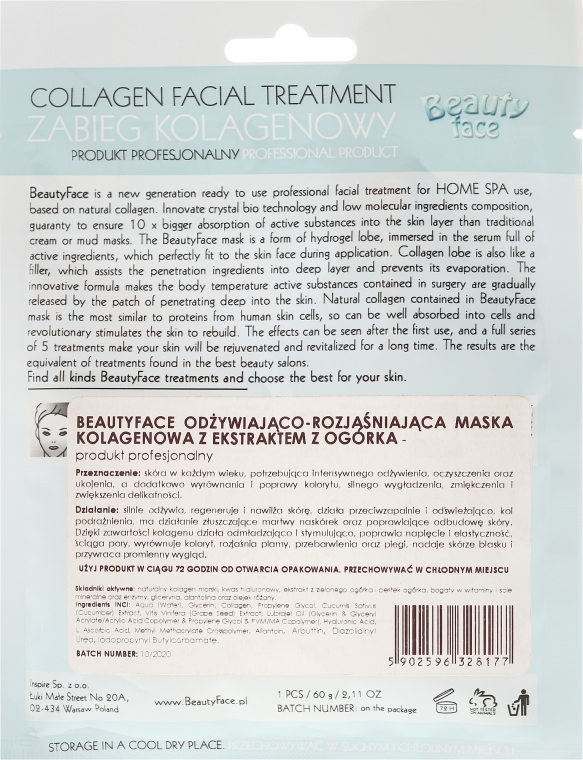 Odżywczo-rozjaśniający zabieg kolagenowy z ekstraktem z ogórka i algami morskimi - Beauty Face Collagen Facial Treatment — Zdjęcie N2
