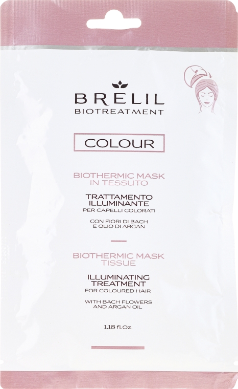 Ekspresowa rozświetlająca maska w czepku do włosów farbowanych - Brelil Bio Treatment Colour Biothermic Mask Tissue Illuminating Treatment — Zdjęcie N1