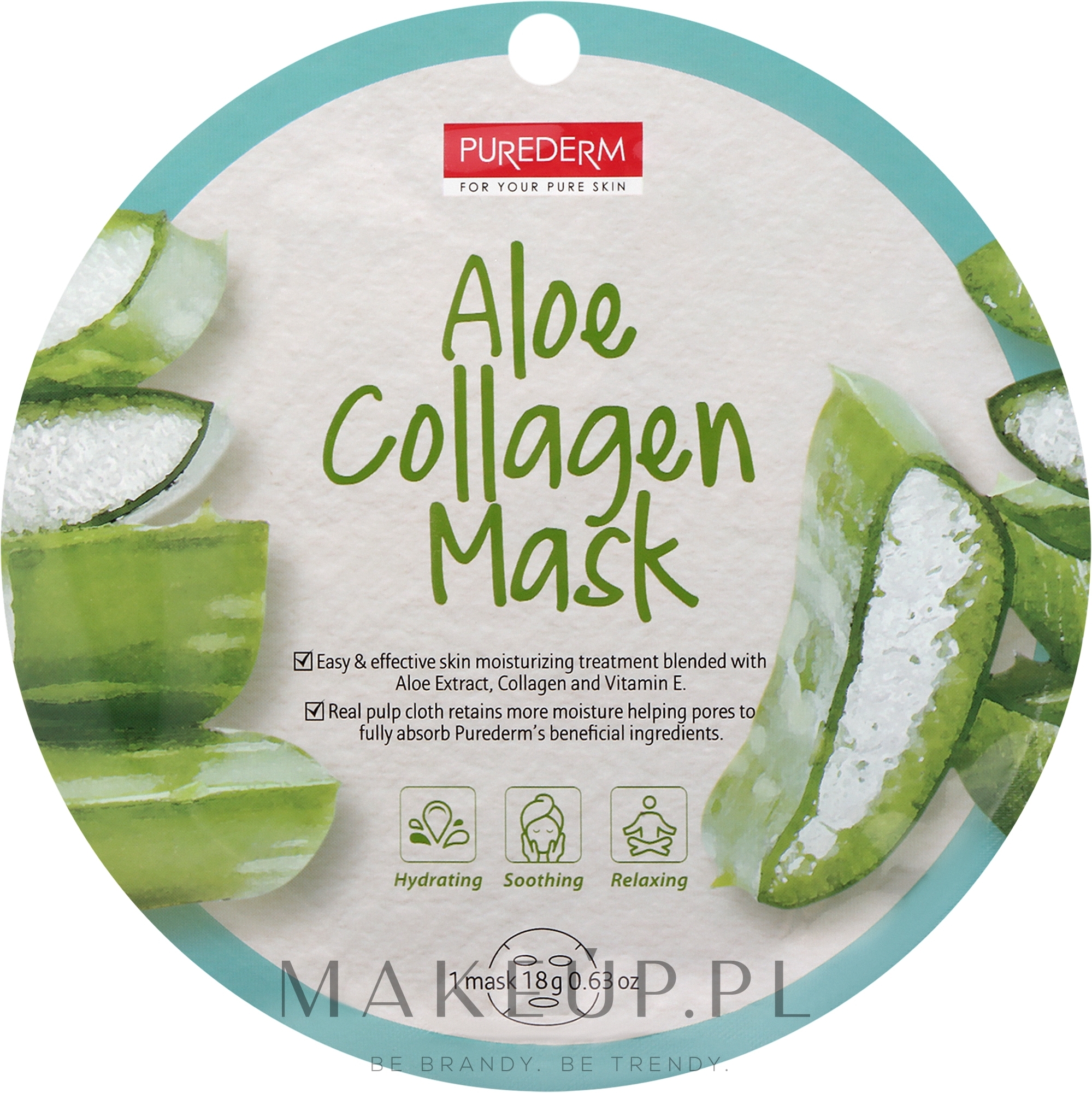 Aloesowa maska kolagenowa w płachcie - Purederm Aloe Collagen Mask — Zdjęcie 18 g