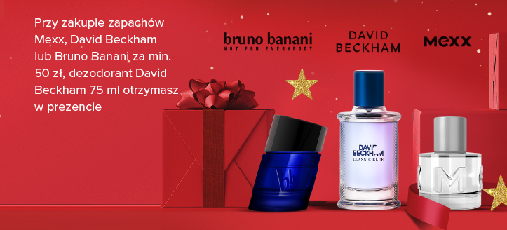 Przy zakupie zapachów Mexx, David Beckham lub Bruno Banani za min. 50 zł, dezodorant David Beckham 75 ml otrzymasz w prezencie.