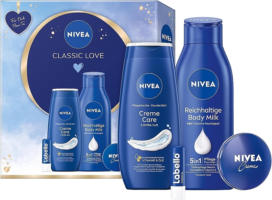 Zestaw - NIVEA Classic Love Gift Set (sh/gel/250ml + b/milk/400ml + lip/balm/5,5ml + f/cr/30ml) — Zdjęcie N1