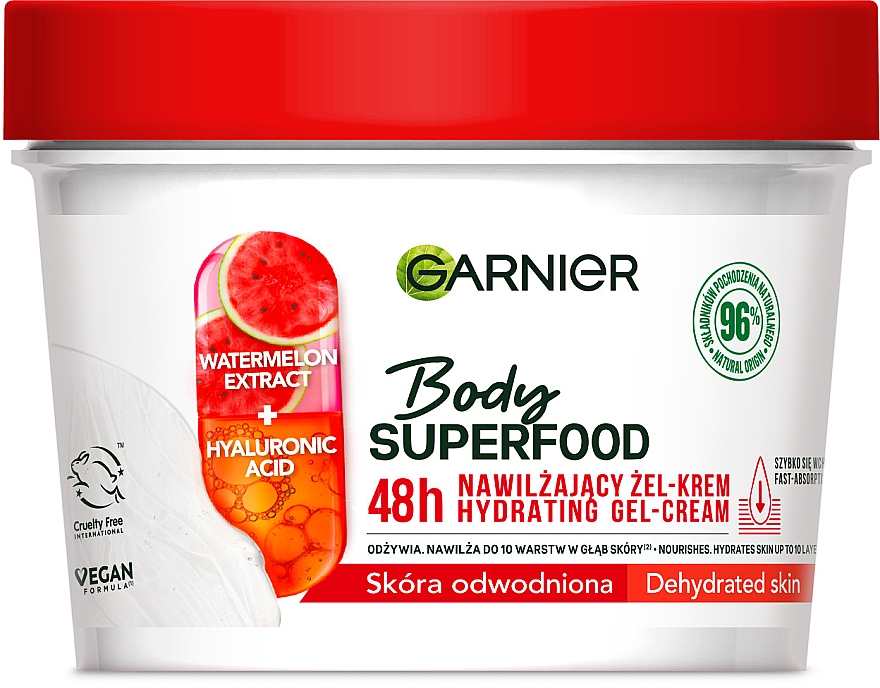 Nawilżający żel-krem do ciała do skóry odwodnionej - Garnier Body SuperFood Watermelon & Hyaluronic Acid Hydrating Gel-Cream