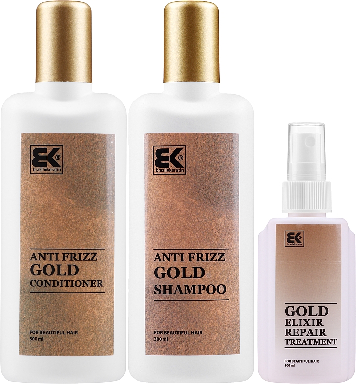 Keratynowy zestaw do pielęgnacji włosów - Brazil Keratin Anti Frizz Gold (shm 300 ml + cond 300 ml + elixir 100 ml) — Zdjęcie N2