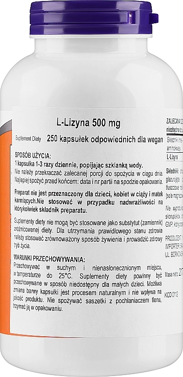 L-lizyna w kapsułkach - Now Foods L-Lysine Capsules — Zdjęcie N2