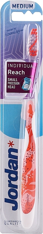 Szczoteczka do zębów z nasadką ochronną, średnia twardość, biała z czerwonym i różowym wzorem - Jordan Individual Reach Toothbrush — Zdjęcie N1