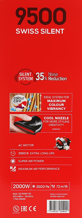 Profesjonalna suszarka do włosów SX9500YRC, czerwona - Valera Swiss Silent 9500 Ionic Rotocord — Zdjęcie N4