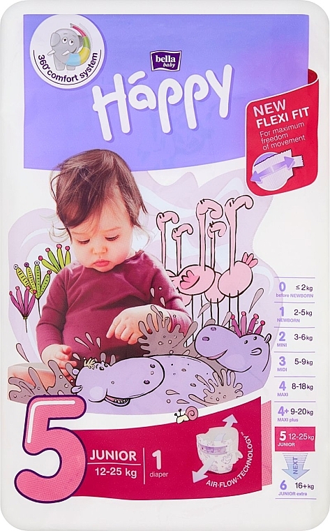 Pieluszki dla niemowląt 12-25 kg, rozmiar 5, 1 szt. - Bella Baby Happy Junior — Zdjęcie N1