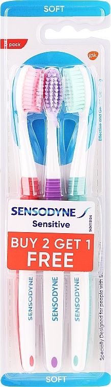 Zestaw szczoteczek do zębów, 3 sztuki, czerwona + fioletowa + zielona - Sensodyne Sensitive Toothbrush 2+1 Pack — Zdjęcie N1