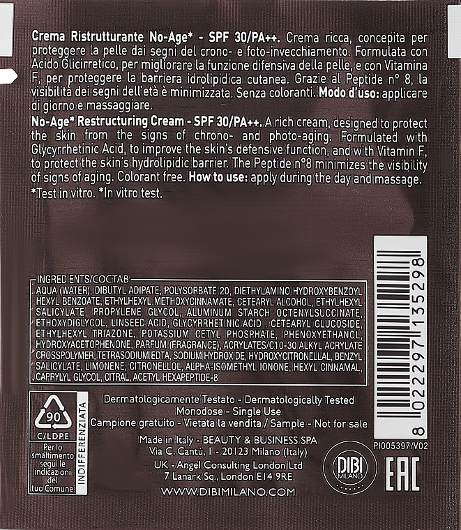 Przeciwstarzeniowy restrukturyzujący krem do twarzy - DIBI Milano Acid Infusion No-Age Restructuring Cream SPF30 (próbka) — Zdjęcie N2