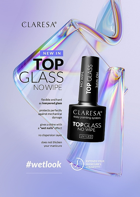 Uniwersalny transparentny top hybrydowy do paznokci przedłużonych i naturalnych - Claresa Top Glass No Wipe — Zdjęcie N3
