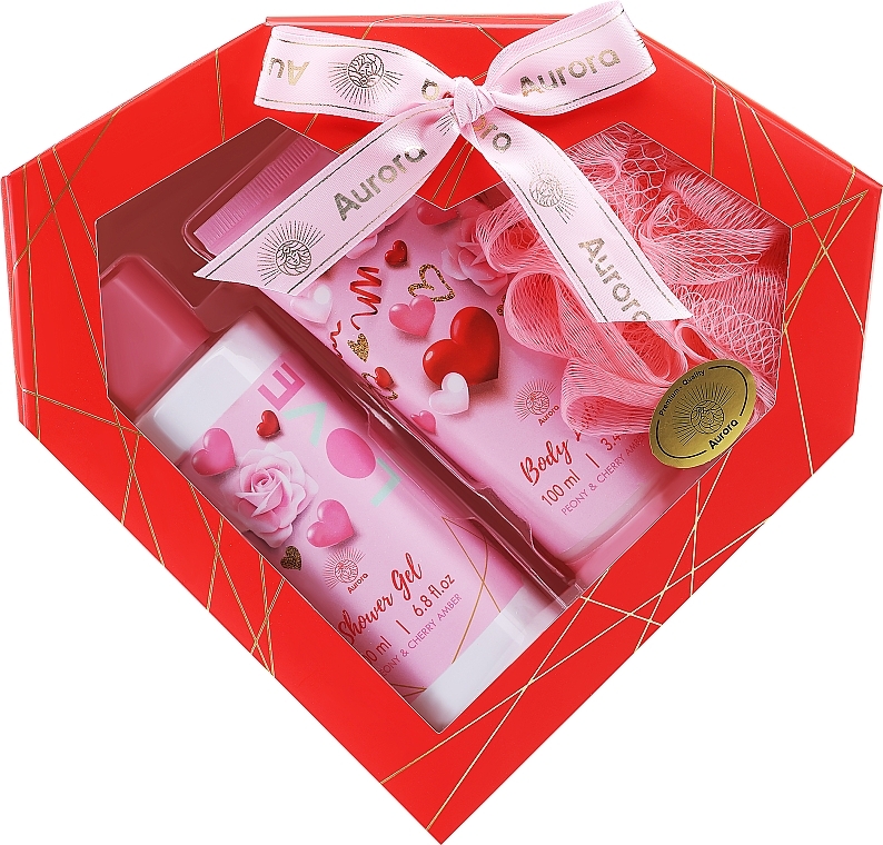 Zestaw - Aurora Peony & Cherry Amber Gift Set (sh/gel/200ml + b/lot/100ml + sponge/1pcs) — Zdjęcie N1
