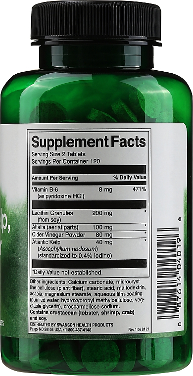 Suplement diety Lecytyna, wodorosty morskie, B-6 i ocet jabłkowy - Swanson Lecithin Kelp B-6 & Cider Vinegar — Zdjęcie N2