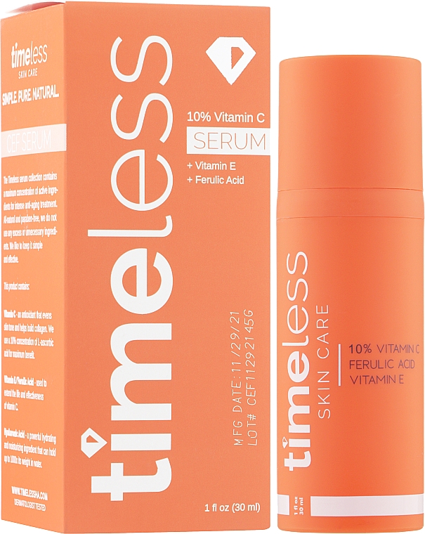 Serum do twarzy z witaminami C i E oraz kwasem ferulowym - Timeless Skin Care 10% Vitamin C + E Ferulic Acid Serum — Zdjęcie N2