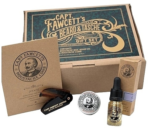 Zestaw - Captain Fawcett Beard & Tache Gift Set (oil/10ml + wax/15ml + comb/1pcs) — Zdjęcie N1