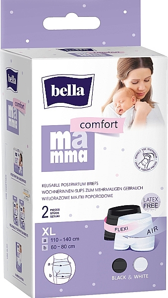 Majtki poporodowe wielokrotnego użytku, 2 sztuki, XL, białe+czarne - Bella Mamma Comfort Multiple-Use Mesh Panties — Zdjęcie N1