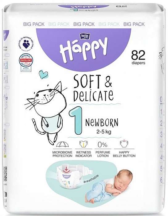 Pieluchy dziecięce 2-5 kg, rozmiar 1 Newborn, 82 sztuki - Bella Baby Happy Soft & Delicate — Zdjęcie N1