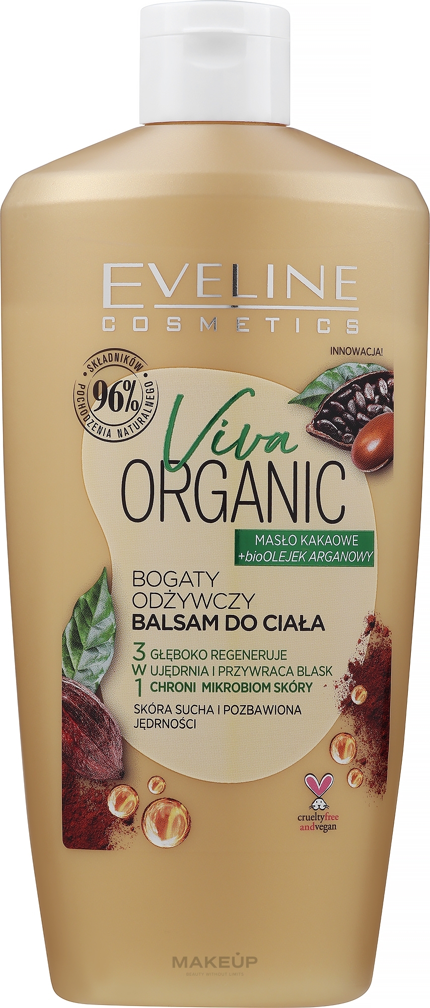 Bogaty odżywczy balsam do ciała z masłem kakaowym i olejem arganowym - Eveline Cosmetics Viva Organic Cacao Oil And Argan Oil — Zdjęcie 350 ml