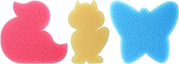 Zestaw gąbek do kąpieli dla dzieci, 3 szt., różowa kaczka + żółty lis + niebieski motyl - Ewimark — Zdjęcie N1