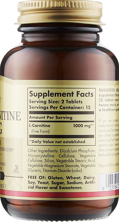 Suplement diety L-karnityna, 500 mg - Solgar L-Carnitine — Zdjęcie N2