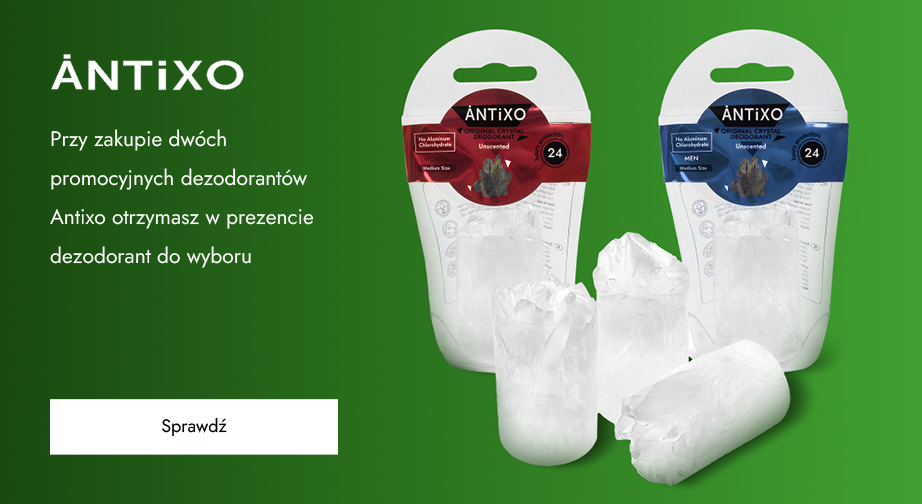 Przy zakupie dwóch promocyjnych dezodorantów Antixo otrzymasz w prezencie dezodorant do wyboru.