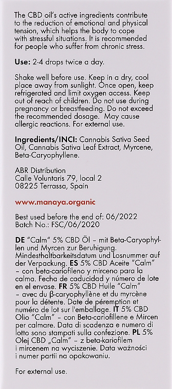 Relaksujący olej CBD - Manaya 5 % CBD Oil Calm — Zdjęcie N2
