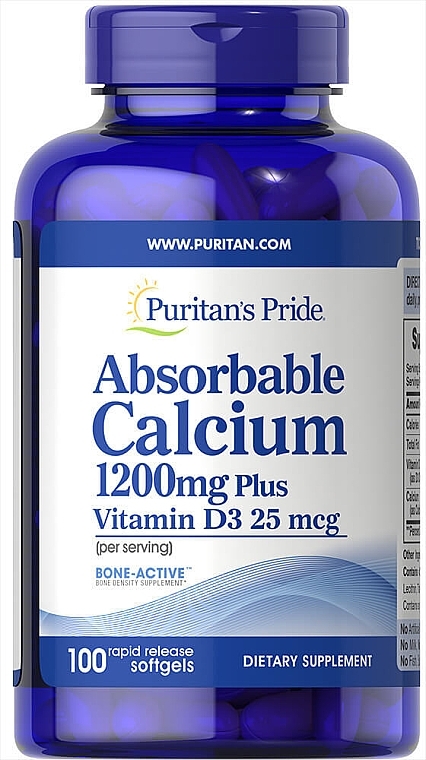 Suplement diety Wapń z witaminą D3 - Puritan's Pride Absorbable Calcium 1200 mg Plus Vitamin D3 2,5 mg — Zdjęcie N1