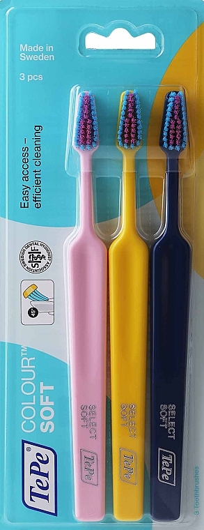 Zestaw szczoteczek do zębów, 3 szt., różowa + żółta + ciemnogranatowa - TePe Colour Soft — Zdjęcie N1