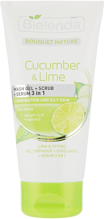Żel myjący, peeling i serum 3 w 1 Ogórek & limonka - Bielenda Bouquet Nature Cucumber & Lime 3in1 Wash Gel + Scrub + Serum
