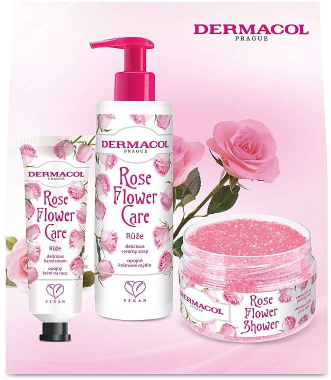 Zestaw - Dermacol Rose Flower Care Set (h/cr/30ml + l/soap/250ml + b/scrub/200g) — Zdjęcie N1