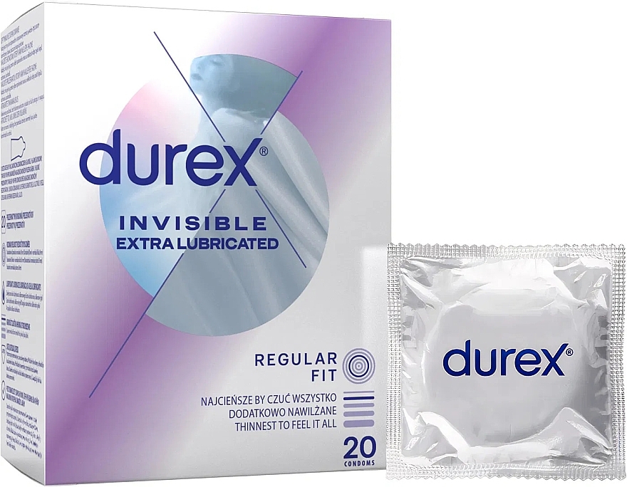 Prezerwatywy Ultracienkie z dodatkowym lubrykantem, 20 szt. - Durex Invisible Extra Lubricated — Zdjęcie N1