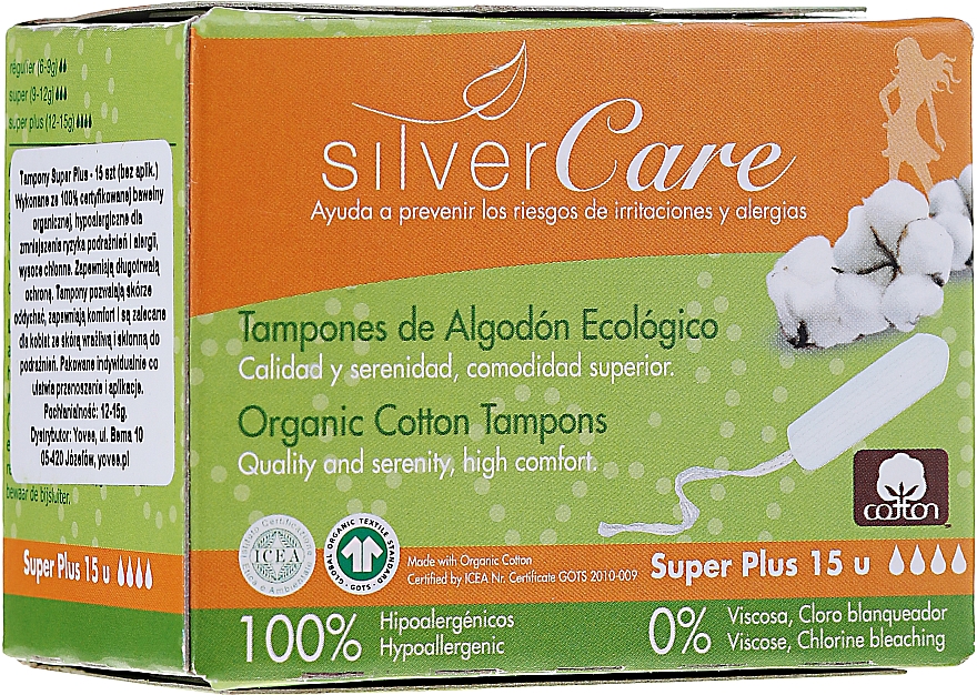 Tampony z bawełny organicznej, Super Plus, 15szt - Masmi Silver Care — Zdjęcie N1