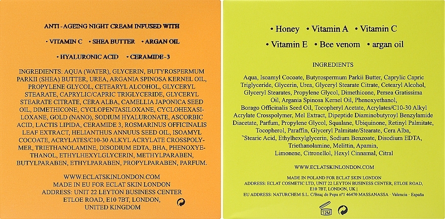 Zestaw - Eclat Skin London Bee Venom + Manuka Honey + Vitamin C + Shea Butter Night Moisturiser (cr/2x50ml) — Zdjęcie N2