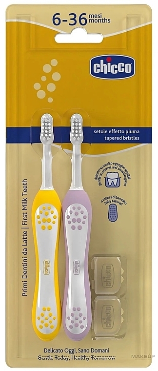 Zestaw szczoteczek do pierwszych ząbków, 6-36 miesięcy, fioletowa+żółta - Chicco First Milk Teeth (toothbrush/2pcs)  — Zdjęcie N1