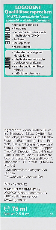 BIO wybielająca pasta do zębów Szałwia i mięta pieprzowa - Logona Logodent Whitening Peppermint Toothpaste — Zdjęcie N3