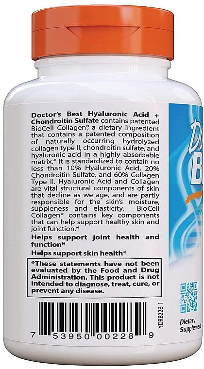 Kwas hialuronowy z siarczanem chondroityny i kolagenem na zdrowe stawy - Doctor's Best Hyaluronic Acid with Chondroitin Sulfate Capsules — Zdjęcie N8