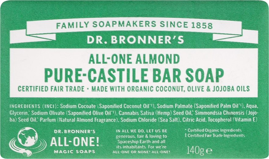 Mydło w kostce Migdały - Dr Bronner’s Pure Castile Bar Soap Almond — Zdjęcie N1