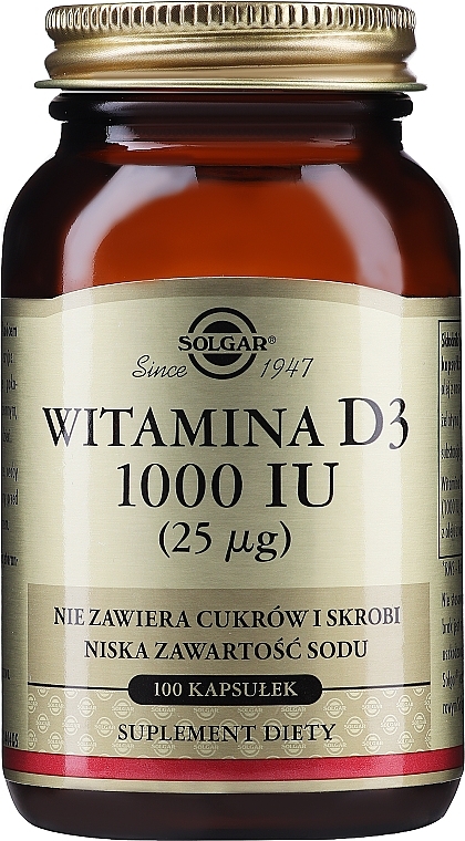 Suplement diety Witamina D - Solgar Vitamin D3 1000 IU Cholekacyferol  — Zdjęcie N1
