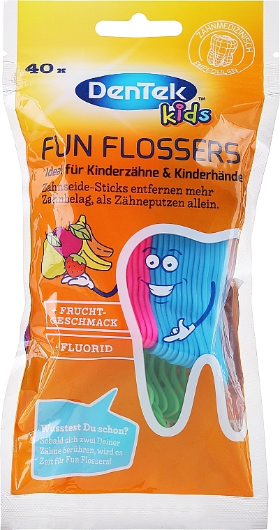 Wykałaczki dziecięce z nicią, zielony+niebieski+różowy - DenTek Kids Fruit Fun Flossers — Zdjęcie N1