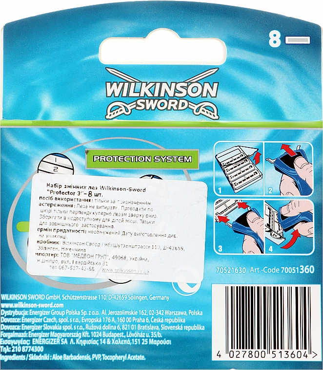 Wymienne ostrza do golenia, 8 szt. - Wilkinson Sword Protector 3 Blades — Zdjęcie N2