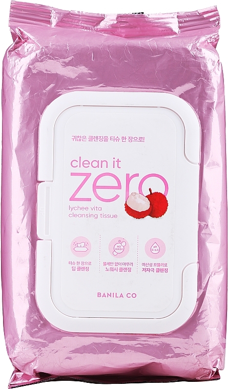 PRZECENA! Chusteczki nawilżane do oczyszczania twarzy, 80 szt. - Banila Co Clean It Zero Lychee Vita Cleansing Tissue Pink * — Zdjęcie N3
