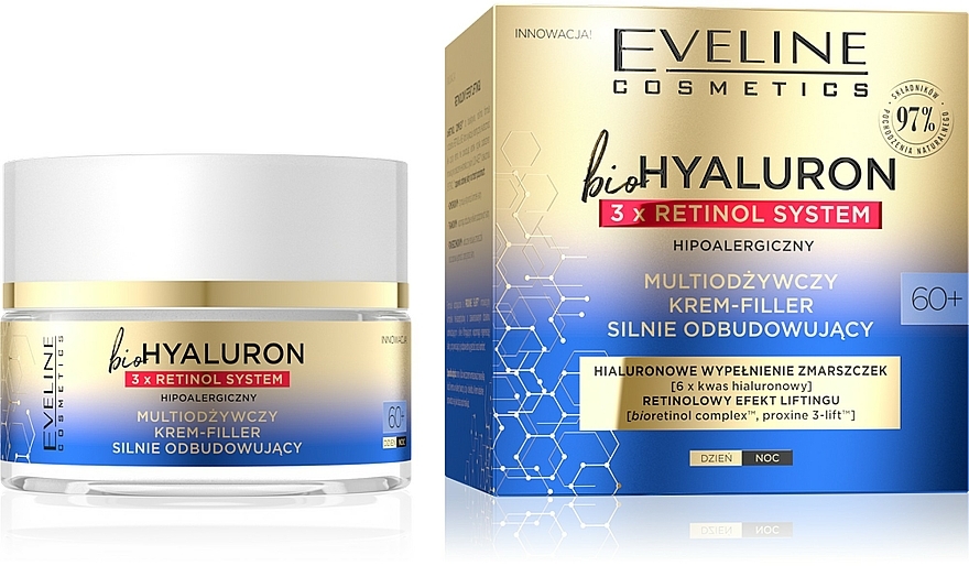 Multiodżywczy krem do twarzy silnie odbudowujący 60+ - Eveline Cosmetics BioHyaluron 3xRetinol System — фото N1
