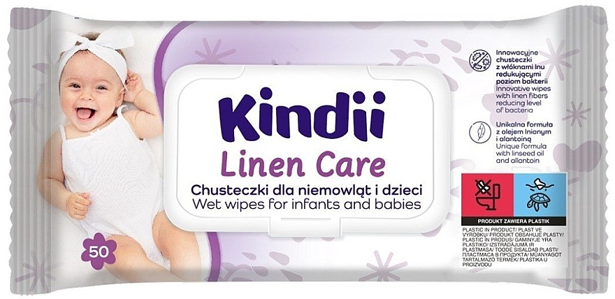 Chusteczki nawilżane dla niemowląt, 50 szt. - Kindii Linen Care — Zdjęcie N1