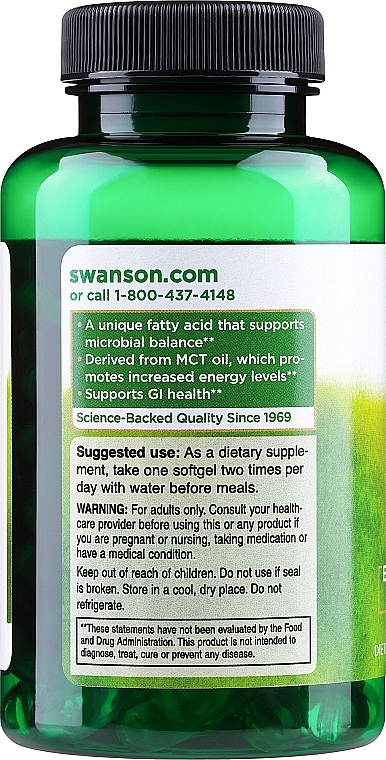 Suplement diety Kwas kaprylowy, 600 mg - Swanson Caprylic Acid — Zdjęcie N2