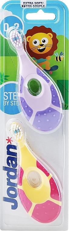 Szczoteczki do zębów dla dzieci, 0-2 lata, żółto-różowa i liliowa - Jordan Step By Step Soft & Gentle — Zdjęcie N1